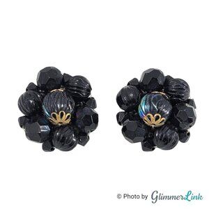 Vintage 50's Western Germany Black Beaded Cluster Mourning Clip On Earrings